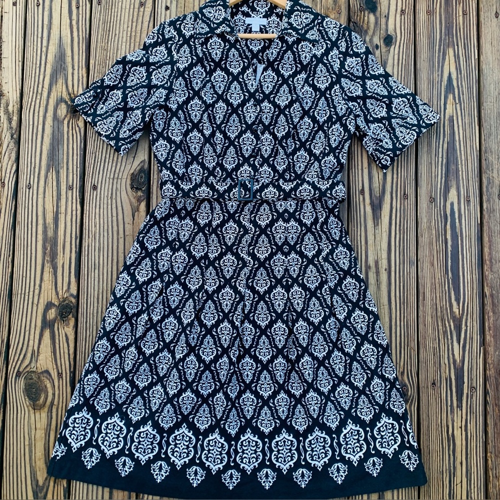 Charter Club Black White Printed Cotton Belted Fit Flare Midi Dress 8